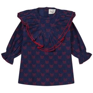 NWT Flöss Luna Printed Dress With Bows Navy 110 cm